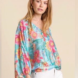 Umgee Vibrant Floral Blouse - Blue and Pink